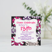 黒にピンクの紫の白い花の絵 招待状 (スタンド正面)