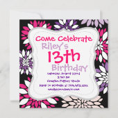 黒にピンクの紫の白い花の絵 招待状 (正面)