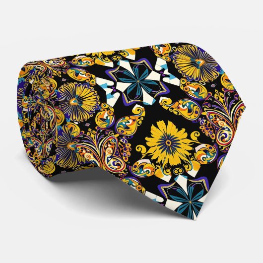 黒にボヘミアン蝶とヒマワリ模様 ネクタイ (ロール)