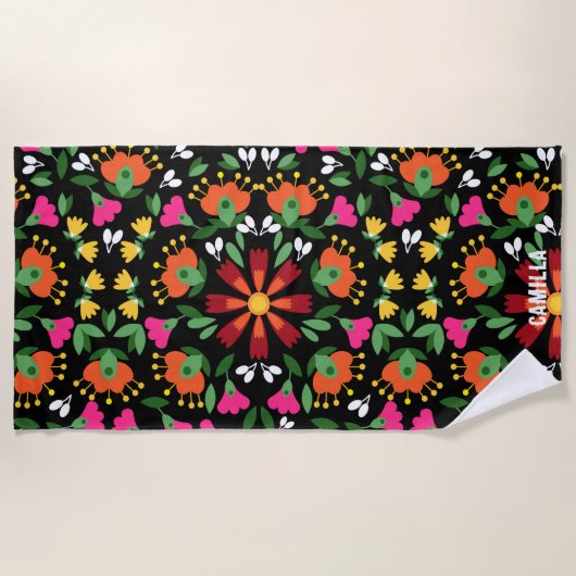 黒にメキシコの刺繍模様 ビーチタオル (正面)