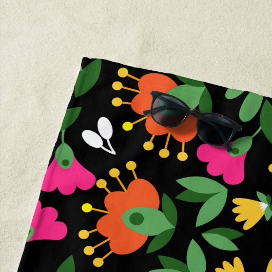 黒にメキシコの刺繍模様 ビーチタオル (インサイチュ)