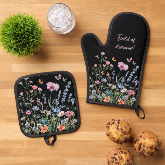 黒にワイルドフラワーの盛り合わせ 鍋つかみ&鍋敷きセット (トップダウン)