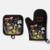 黒にワイルドフラワーの盛り合わせ 鍋つかみ&鍋敷きセット (正面)