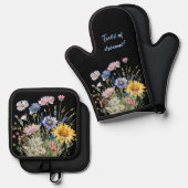 黒にワイルドフラワーの盛り合わせ 鍋つかみ&鍋敷きセット (正面/裏面)