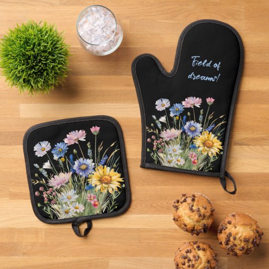 黒にワイルドフラワーの盛り合わせ 鍋つかみ&鍋敷きセット (トップダウン)
