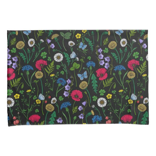 黒に咲く野花 枕カバー (正面右)