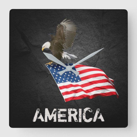 黒に旗を付けたハゲのワシ スクエア壁時計 (正面)