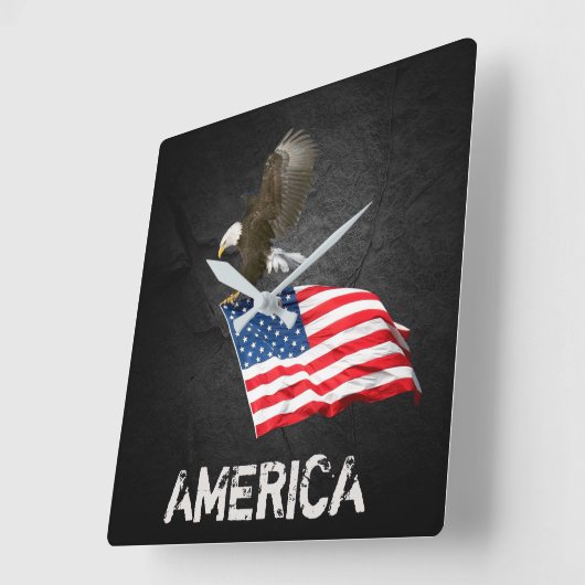 黒に旗を付けたハゲのワシ スクエア壁時計 (傾斜)