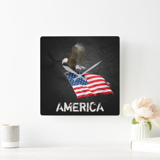 黒に旗を付けたハゲのワシ スクエア壁時計 (ホーム)