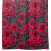 黒に灰色の葉バラの赤 シャワーカーテン (正面)