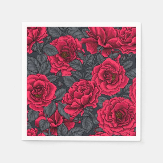 黒に灰色の葉バラの赤 スタンダードカクテルナプキン (正面)