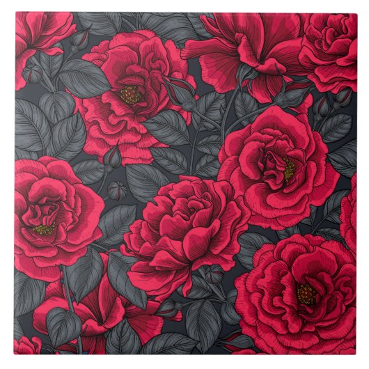 黒に灰色の葉バラ タイル (正面)