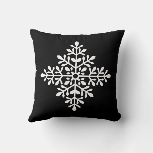 黒に白い装飾的なスノーフレークのシルエット クッション (裏面)