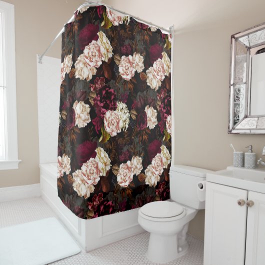 黒に緑のバロックアンティーク牡丹の花 シャワーカーテン (インサイチュ)