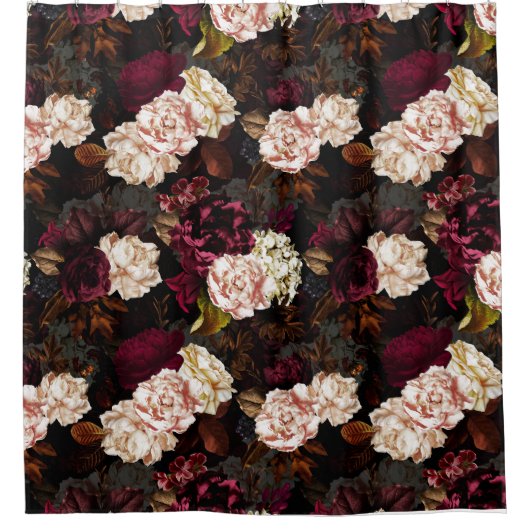 黒に緑のバロックアンティーク牡丹の花 シャワーカーテン (正面)
