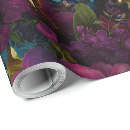 黒に緑のバロック風の紫のアンティークの花 ラッピングペーパー (ロールコーナー)