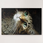 黒に緑の目を孤立させたタビー猫 ジグソーパズル (横)
