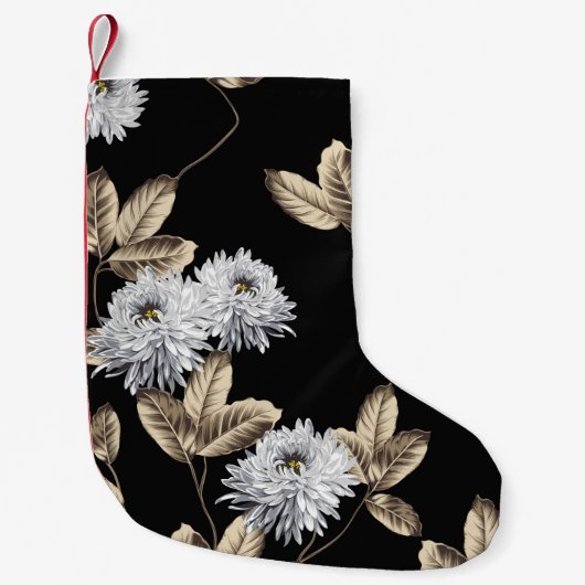 黒に茶色の葉柄のかわいい灰色の花 スモールクリスマスストッキング (正面)