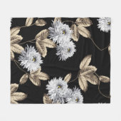 黒に茶色の葉柄のかわいい灰色の花 フリースブランケット (正面(横))