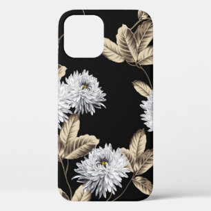 黒に茶色の葉柄のかわいい灰色の花 iPhone 12ケース
