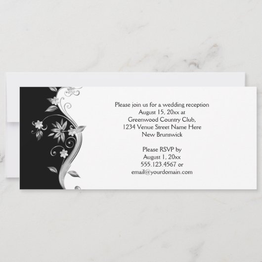 黒に華麗な銀の花と渦巻きのレセプション 招待状 (裏面)