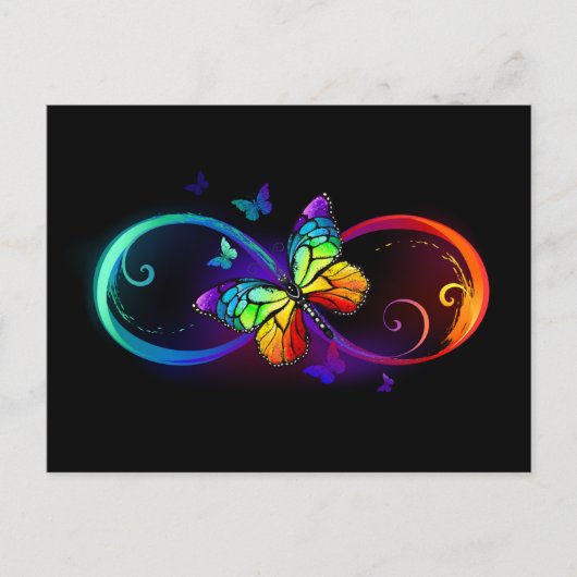 黒に虹鮮やかの蝶が付いた無限遠 インビテーションポストカード (正面)