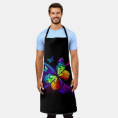 黒に虹鮮やかの蝶が付いた無限遠  エプロン (着用した状態)