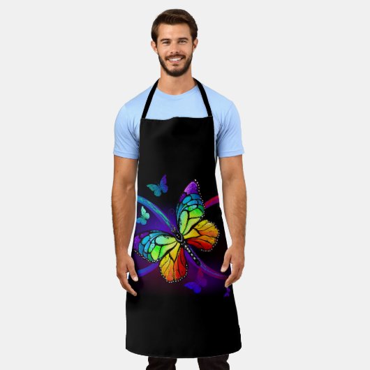 黒に虹鮮やかの蝶が付いた無限遠  エプロン (着用した状態)