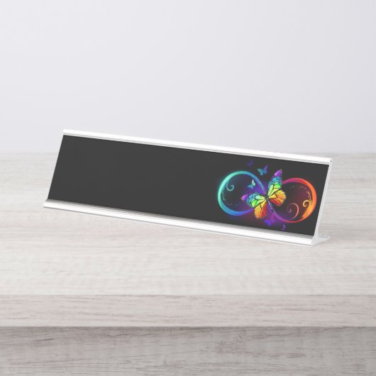 黒に虹鮮やかの蝶が付いた無限遠 デスクネームプレート (正面)