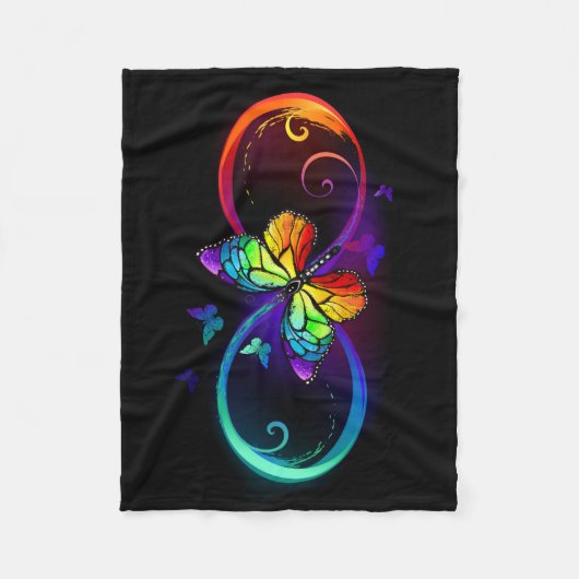 黒に虹鮮やかの蝶が付いた無限遠 フリースブランケット (正面)