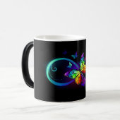 黒に虹鮮やかの蝶が付いた無限遠 モーフィングマグカップ (正面左)