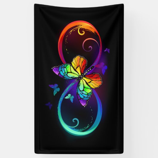 黒に虹鮮やかの蝶が付いた無限遠 横断幕 (縦)