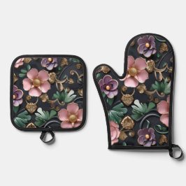 黒に複雑な花 鍋つかみ&鍋敷きセット