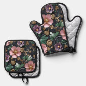 黒に複雑な花 鍋つかみ&鍋敷きセット (正面/裏面)