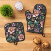 黒に複雑な花 鍋つかみ&鍋敷きセット (トップダウン)