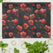 黒に赤いケシ キッチンタオル (折り畳み)