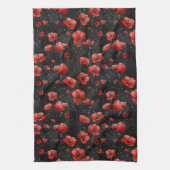 黒に赤いケシ キッチンタオル (縦)