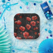 黒に赤いケシ ペーパープレート (パーティー)