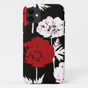黒に赤い白い花 iPhone 11 ケース