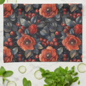 黒に赤い花 キッチンタオル (折り畳み)