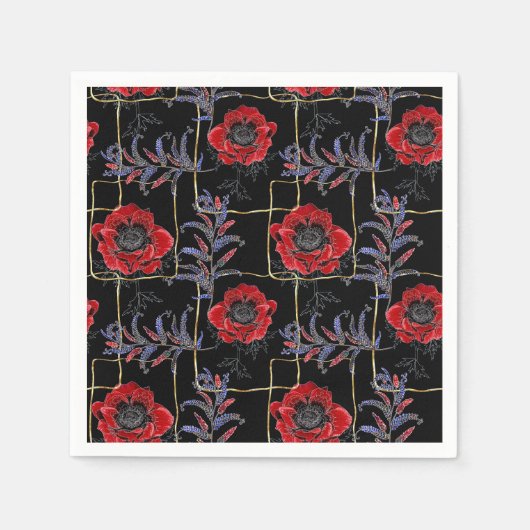 黒に赤い花。 スタンダードカクテルナプキン (正面)