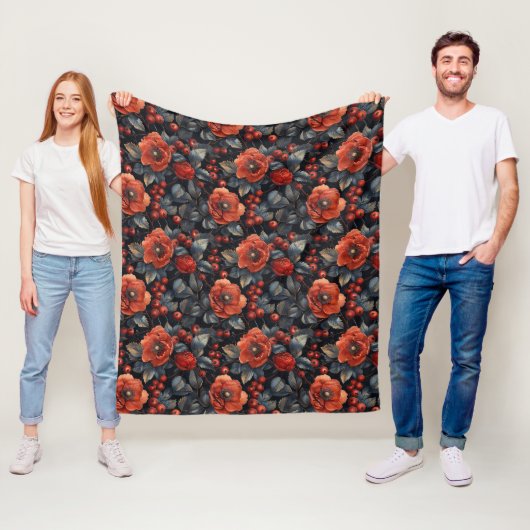 黒に赤い花 フリースブランケット (インサイチュ)