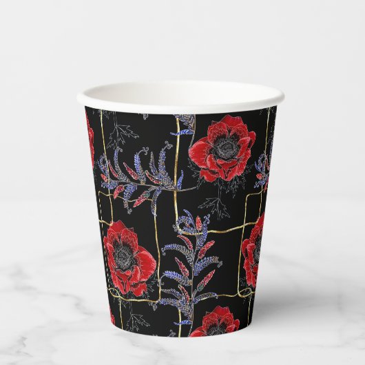 黒に赤い花。 紙コップ (正面)