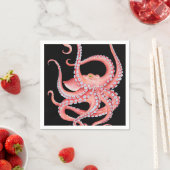 黒に赤タコの水色 スタンダードカクテルナプキン (インサイチュ)