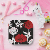 黒に赤、白の花。 ペーパープレート (パーティー)
