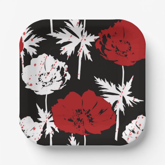黒に赤、白の花。 ペーパープレート (正面)