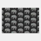 黒に輝く銀モザイク象の模様 ラッピングペーパーシート (正面3)