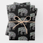 黒に輝く銀モザイク象の模様 ラッピングペーパーシート (インサイチュ)