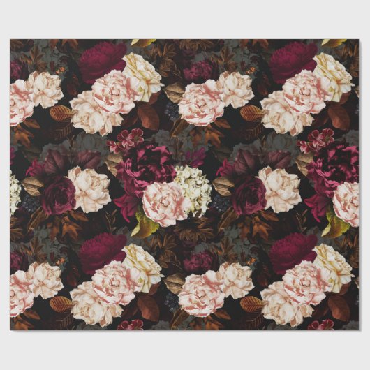 黒に青々としたバロックアンティークの牡丹の花 ラッピングペーパー (フラット)