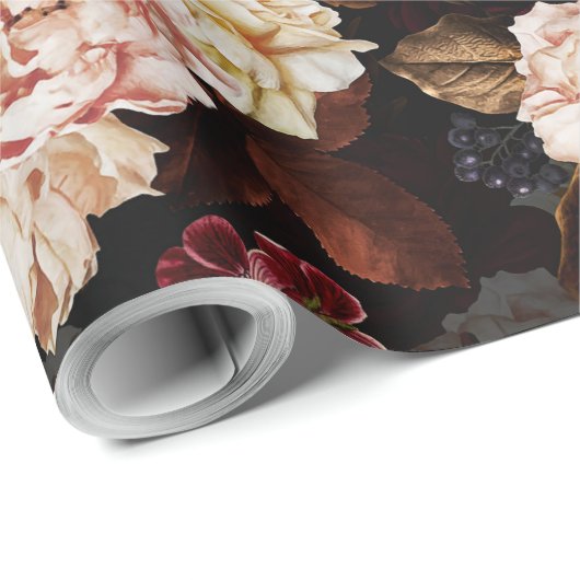 黒に青々としたバロックアンティークの牡丹の花 ラッピングペーパー (ロールコーナー)